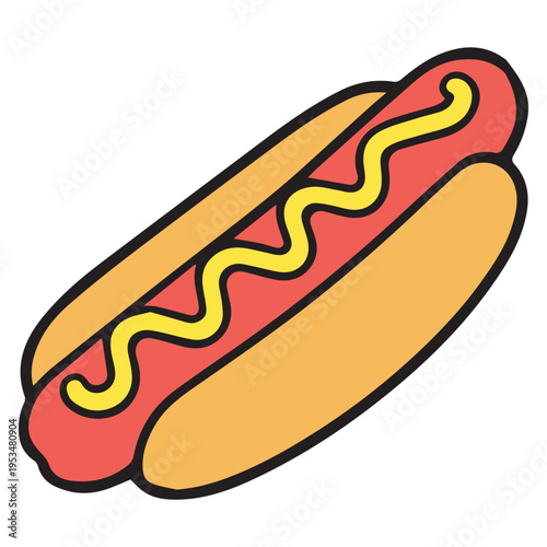 Flat vector illustration of a hot dog with mustard in a bun, simple cartoon style, isolated on a white background. Perfect for fast food concepts, menus, icons, and branding designs.