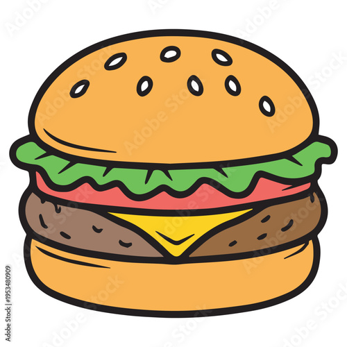 Colorful cartoon vector of a cheeseburger with lettuce, tomato, and beef patty, isolated on white background. Perfect for fast food menus, icons, branding, and restaurant design projects.