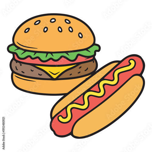 Colorful vector illustration of a burger and hot dog with mustard, cartoon style, isolated on white background. Ideal for fast food menus, branding, icons, and restaurant design projects.