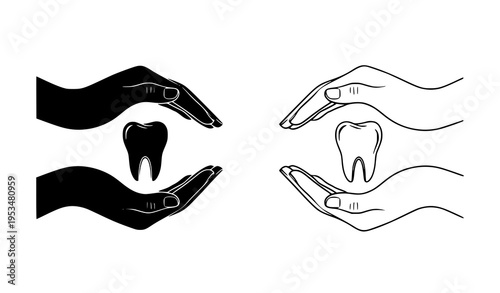 Tooth care hands silhouette and outline icon set dental vector