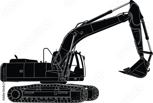 PrintSilhouette of hydraulic excavator heavy machinery with bucket arm, construction mining equipment illustration design concept