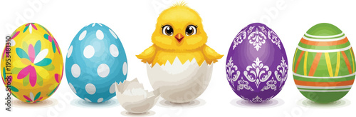 A cute yellow chick hatching from an egg surrounded by four colorful decorated easter eggs art