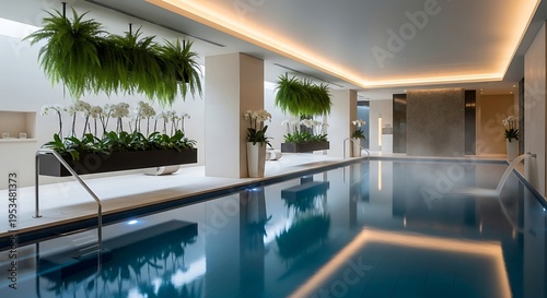 Indoor Swimming Pool with Lush Hanging Plants and Elegant Minimalist Design for Relaxation and Wellness Center Aesthetic Ambience