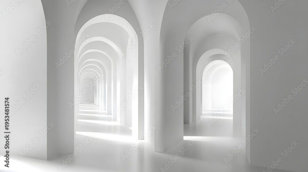 Fototapeta premium Endless White Arches Hallway Perspective Light Rays.