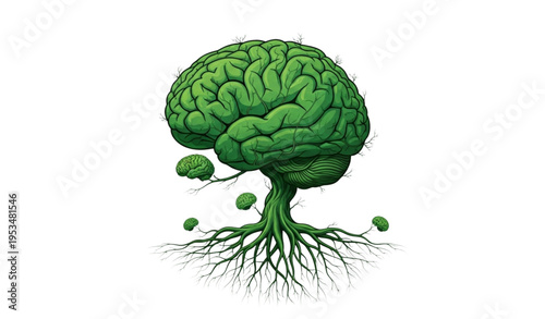 A green brain with roots and sprouts growing out of it