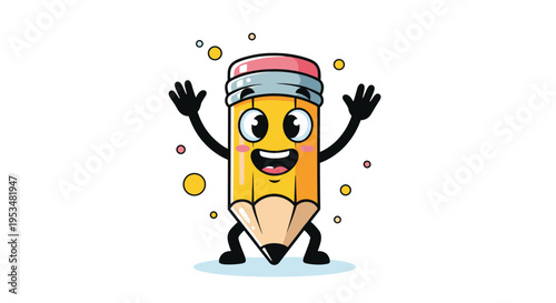 Happy cartoon pencil character with arms raised and a big smile surrounded by colorful dots isolated on a white background.
