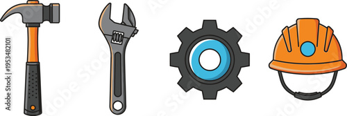 A collection of construction tools including a hammer, an adjustable wrench, a gear, and a helmet