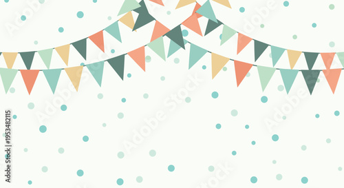 Colorful triangular bunting flags hanging against a light background with scattered blue and green confetti dots.