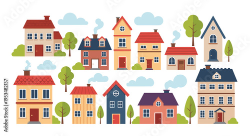 Illustration of a cozy neighborhood with rows of colorful houses of different styles trees clouds and smoke from chimneys.