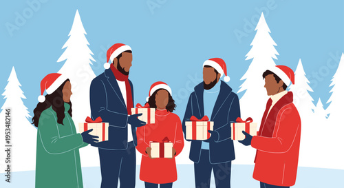 Diverse group of people wearing santa hats exchanging christmas gifts in a snowy pine forest landscape during winter.