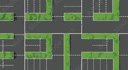 Aerial top view illustration of a modern asphalt parking lot with green hedges white lines and empty parking spaces.