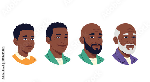 Sequence of four portraits showing a black male character aging from a young boy to an elderly man with grey hair.