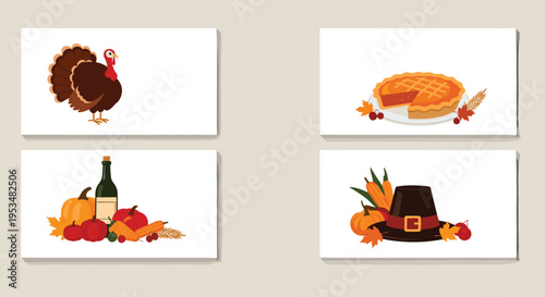 Collection of four horizontal banners featuring classic thanksgiving day illustrations including turkey pumpkin pie wine and pilgrim hat.
