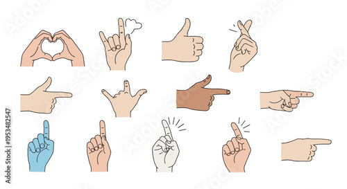Diverse collection of human hand gestures including pointing thumbs up finger hearts and sign language symbols for communication and interaction.