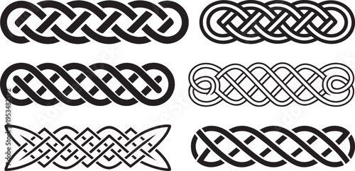 Intricate Celtic knot patterns and interlace designs in black for artistic elements