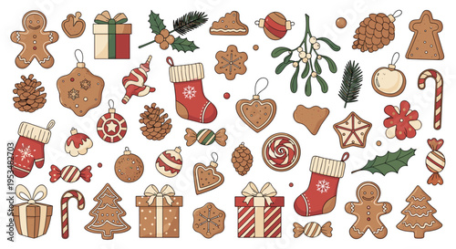 Extensive collection of christmas themed icons and illustrations including gingerbread cookies ornaments gifts stockings and winter foliage.