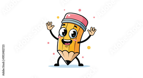 Cheerful cartoon pencil character with a friendly smiling face and raised hands jumping for joy against a white background with colorful dots.
