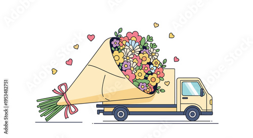 Delivery truck transporting a massive bouquet of colorful flowers wrapped in paper and tied with a pink bow representing floral delivery services.
