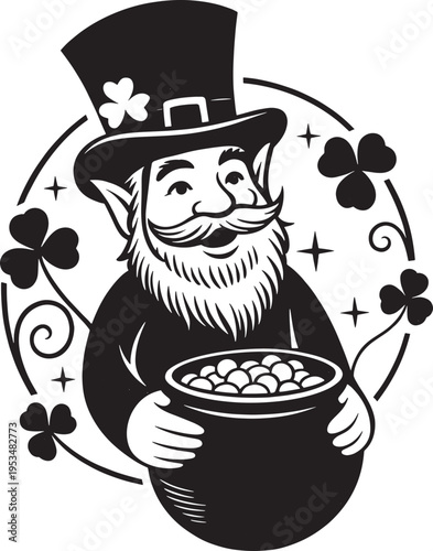Happy irish leprechaun holding pot of gold with shamrocks and decorative elements around him