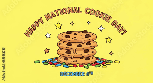 Happy national cookie day celebration with chocolate chip cookies on yellow background