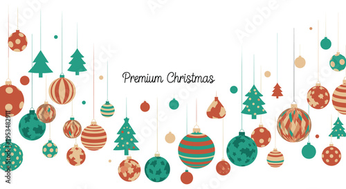 Premium christmas banner featuring a variety of colorful hanging baubles and stylized pine trees arranged in a graceful wave on a white space.