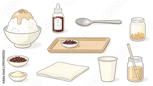Illustrative collection of elements for preparing a delicious Asian shaved ice dessert, featuring diverse sweet toppings