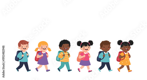 Row of six diverse children in school uniforms carrying backpacks and walking happily representing education and back to school season.