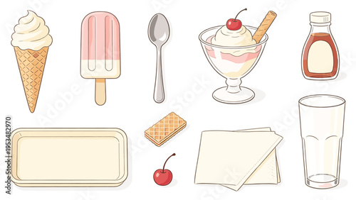 Set elements various food and beverage collection featuring a delightful assortment of sweet treats and dessert components