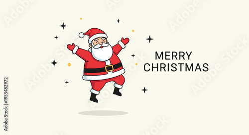 Cheerful cartoon santa claus jumping for joy among sparkles and stars with merry christmas text on a light cream background for holidays.