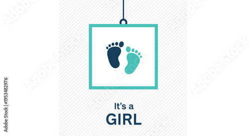 Baby announcement card featuring blue and teal footprints in a simple frame with it is a girl text on a white pinstripe background.