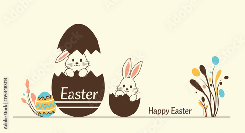 Cute easter illustration featuring two white bunny rabbits peeking out of dark chocolate eggshells with happy easter text and floral accents.