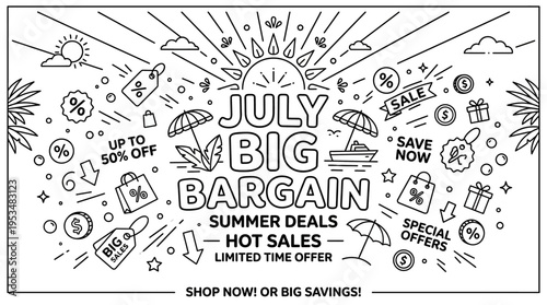 July Big Bargain Summer Sale Banner with Line Art Elements
