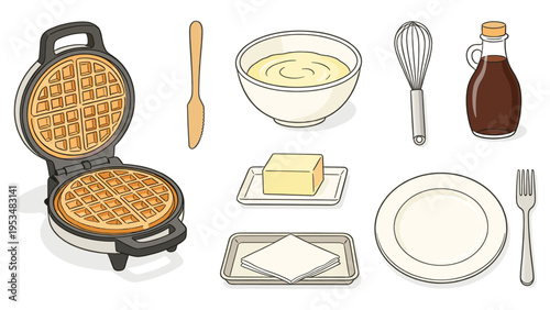 A delightful breakfast collection featuring a waffle iron, ingredients, and dining ware, perfect for morning meals
