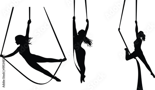 PrintSilhouette of three aerial performers, hoop silks acrobatics, strength elegance artistry circus performance illustration concept
