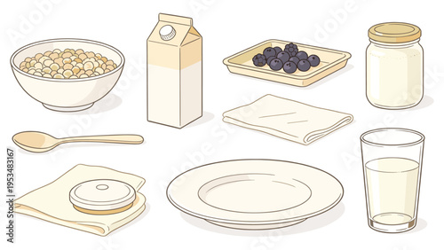 Various breakfast and food elements; a wholesome collection of dairy products, grains, and fruits