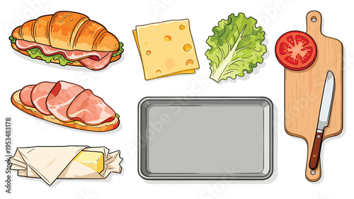 Culinary Set Elements Various Food Components for Preparing Gourmet Sandwiches and Hearty Meals Collection
