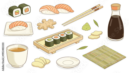 A comprehensive collection of various Japanese sushi food and beverage elements, artfully arranged and ready for culinary delight