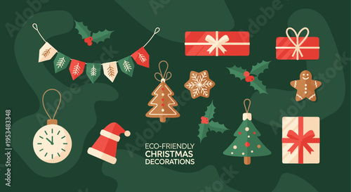 Collection of sustainable and eco-friendly Christmas decorations including gingerbread cookies, wooden tree ornaments, fabric bunting, and paper gifts.