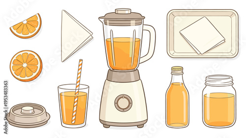 Vibrant set of orange juice preparation items, featuring a blender, fresh fruit, and various beverage containers