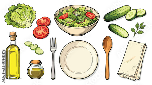 A comprehensive collection of fresh healthy salad ingredients, cooking oil, and tableware elements