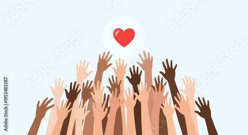 Diverse hands reaching for heart symbol.