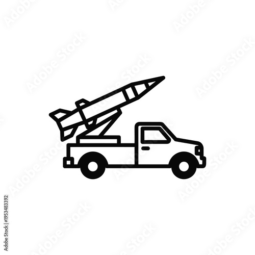 A missile launcher mounted on a truck drives through a desolate landscape with a missile.