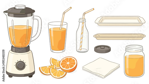 An illustrated collection of kitchen essentials for making and serving fresh orange juice, a diverse food and beverage set