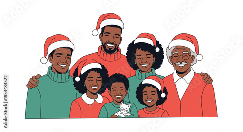 Portrait of a large happy African American family of three generations wearing red Santa hats for a Christmas holiday celebration.