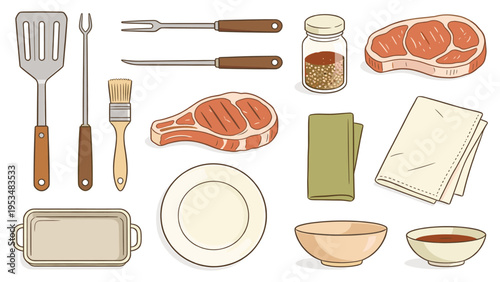 Comprehensive set of barbecue tools and ingredients grilled steak, utensils, and serving dishes