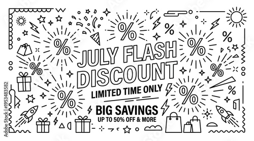 July Flash Discount Banner with Black and White Elements