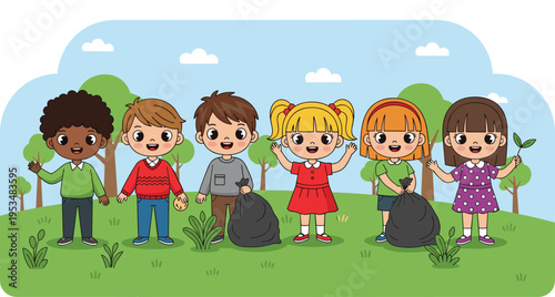 Cute Cartoon Kids Cleaning Park and Collecting Trash Bags, Children Environmental Protection and Community Cleanup Activity Illustration