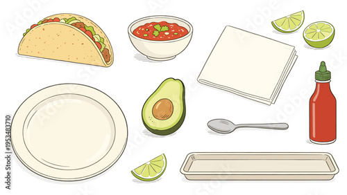 A diverse set elements various food and beverage collection featuring fresh Mexican cuisine ingredients