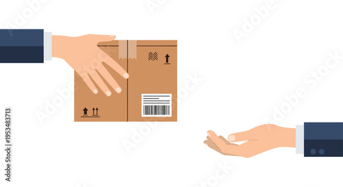 Illustration of two human hands exchanging a cardboard delivery box with shipping labels and barcode against a white background.
