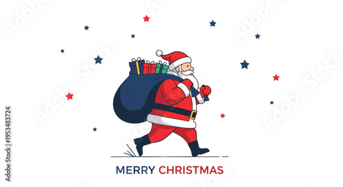 Jolly Santa Claus walking briskly with a large blue sack of colorful wrapped gifts on his back under a starry winter sky.